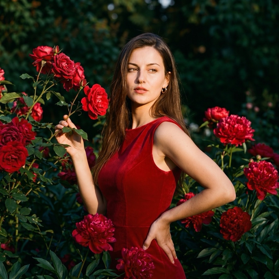 Пример женской ИИ-фотосессии среди красных пионов