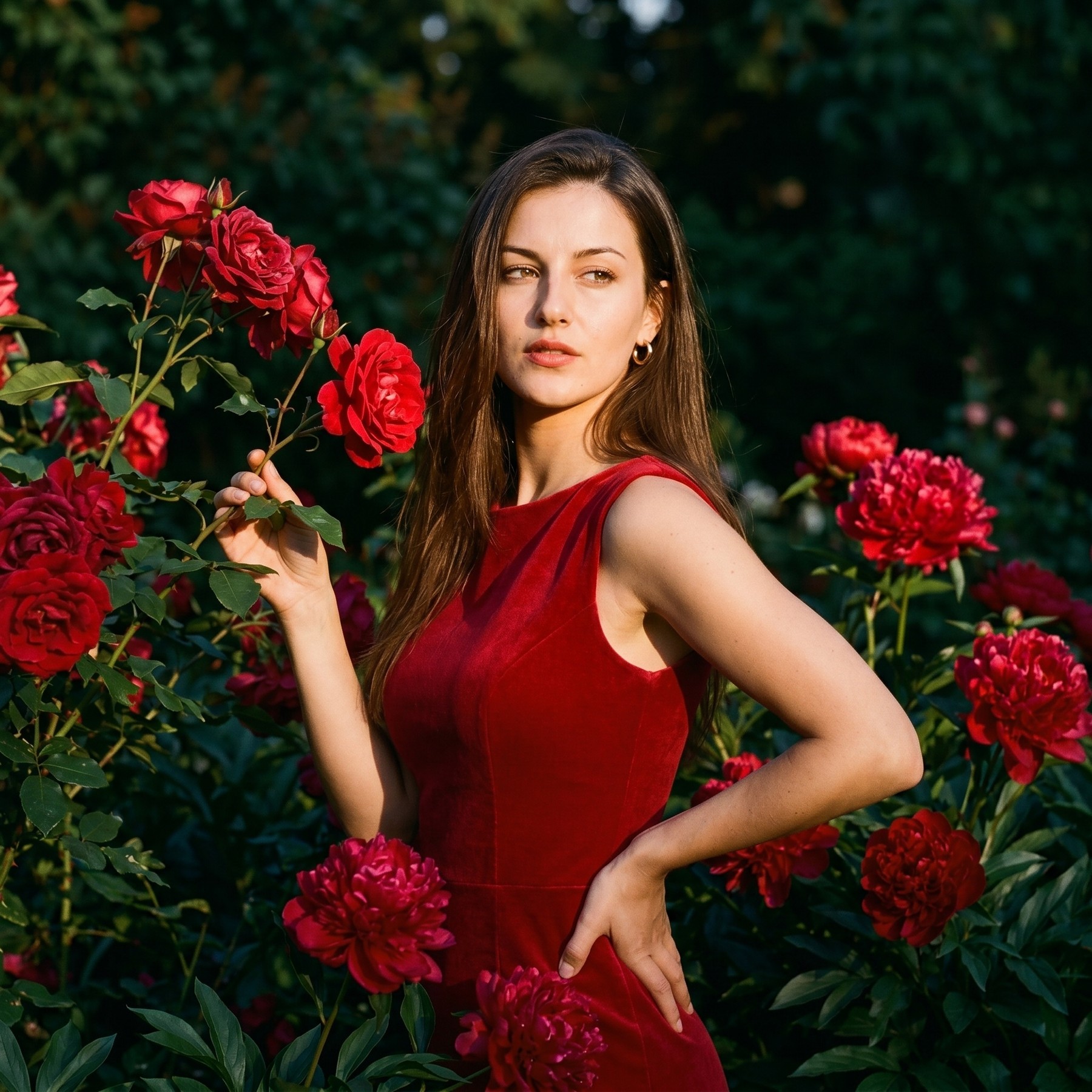 Женский портрет среди красных пионов